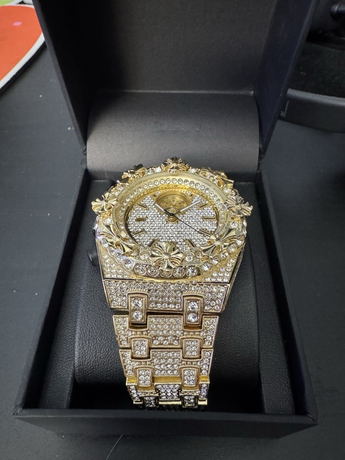 Gold Tone Iced Out Analog Wristwatch, Gem-Set Bezel, Bracelet Band. Never worn.