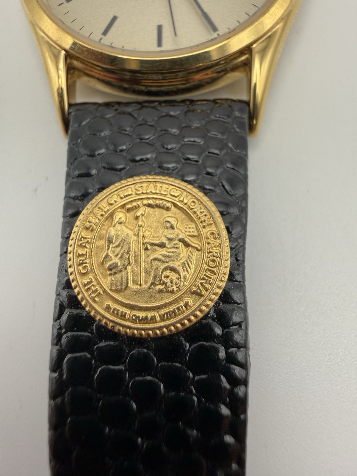 Bulova Caravelle Quartz Vintage Gold Tone Round Dress Watch Black Leather Strap