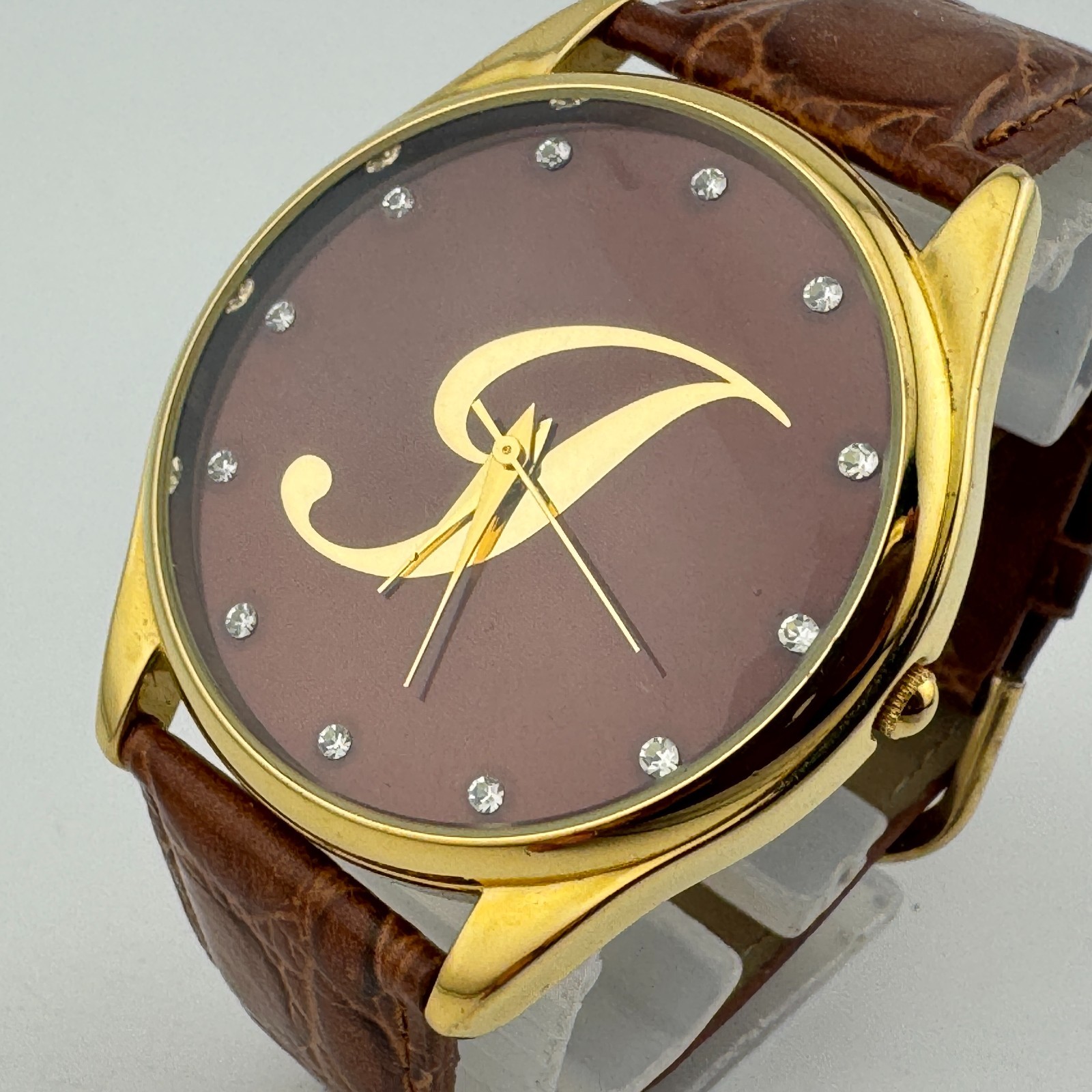 Unknown Logo Quartz Watch Men Gold Tone Brown Leather Japan Analog New Battery
