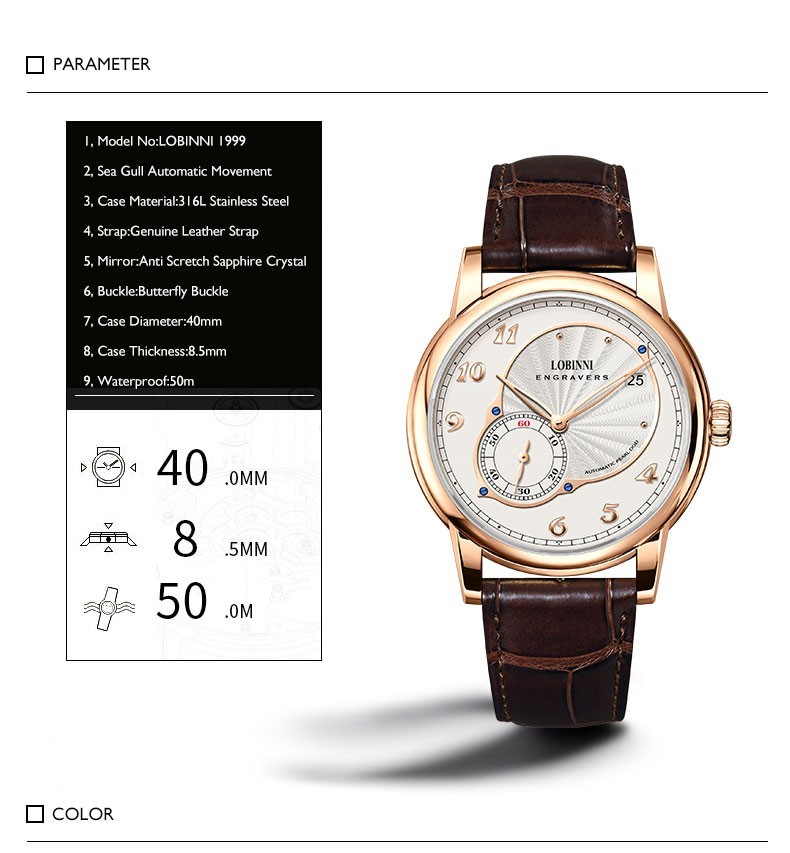 LOBINNI Men Automatic Watch 40mm Mechanical Wristwatch Hangzhou 5000 Micro Rotor