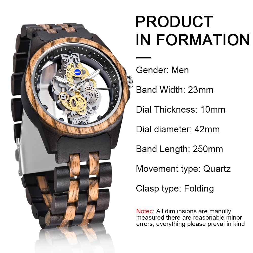 Dentily Men’s Hollow Analog Wooden Watch Retro Gear Carving black&brown