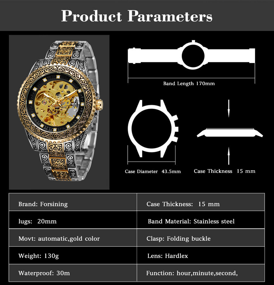 FORSINING Men’s Luxury Diamond Carved Skeleton Automatic Mechanical Wrist Watch