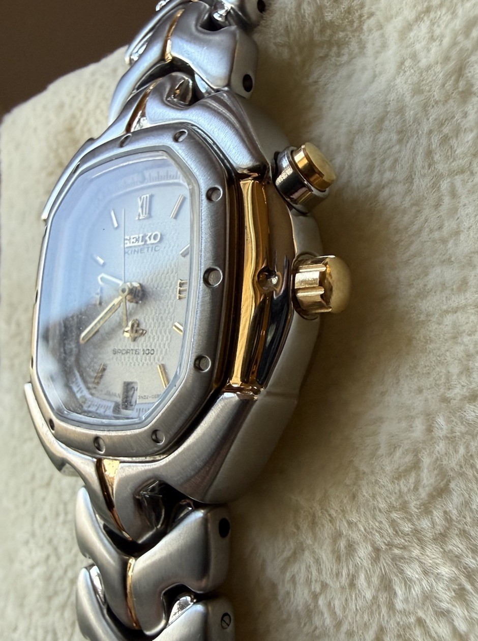 Seiko Kinetic Men’s Two-Tone Stainless Tonneau Watch 100m Date Analog
