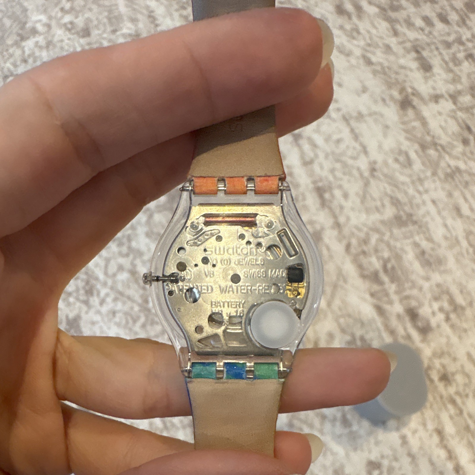 Swatch Quartz Analog Orange Dial Clear Plastic Case Multicolor Leather Strap