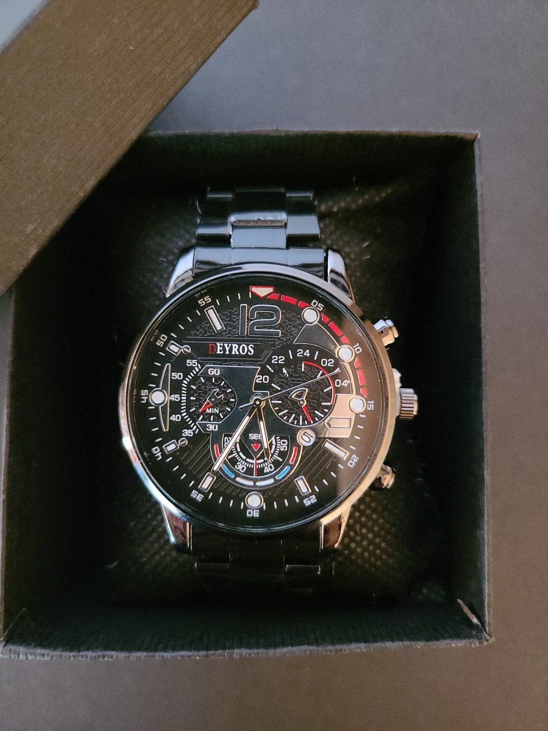 Deyros Men’s Gloss Black Watch With Black And Silver Dial 8 3/4 Inch Band
