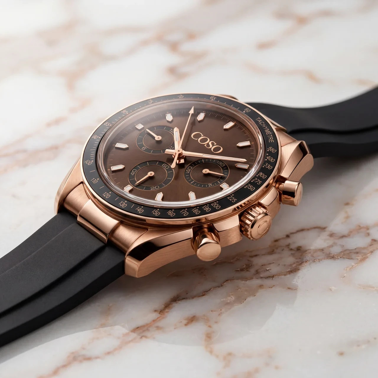 COSO Torvex Chronograph Brown Dial Rose Gold Sub-dials Black Bezel Strap
