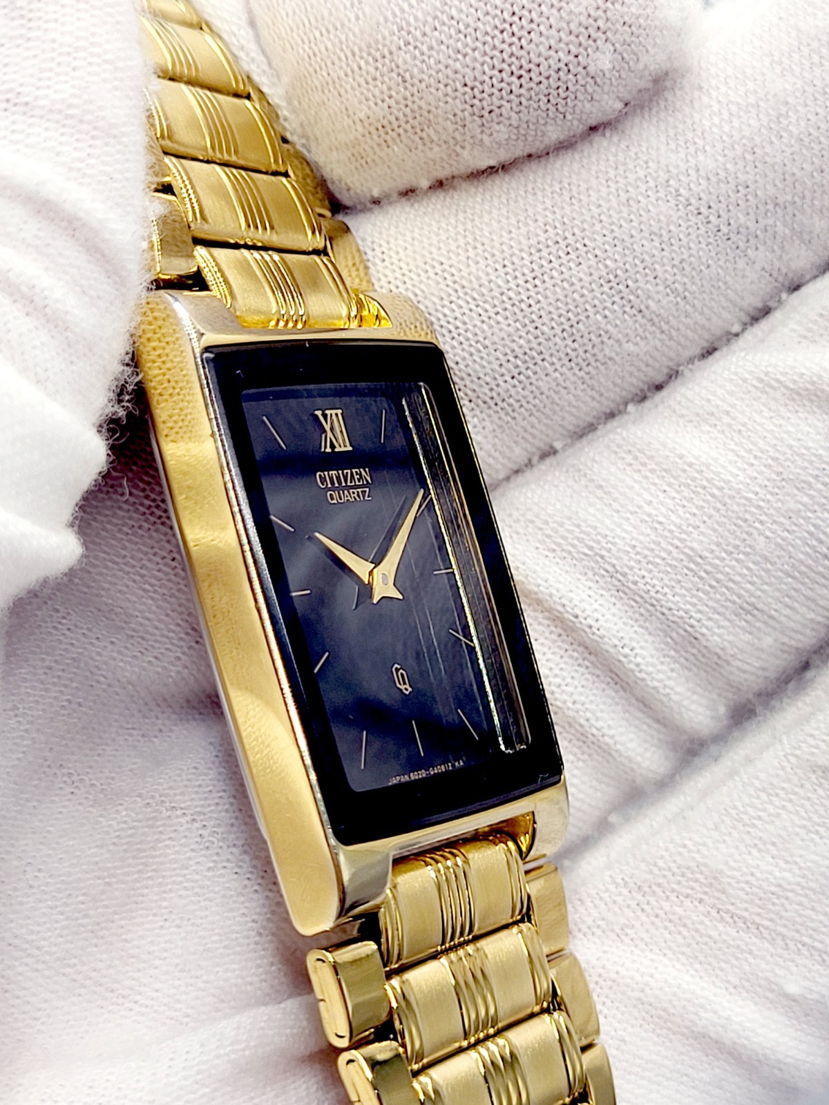 [N. MINT] 1987 Citizen Tank Quartz Men’s Watch Black Gold Tone New Battery 7.7″