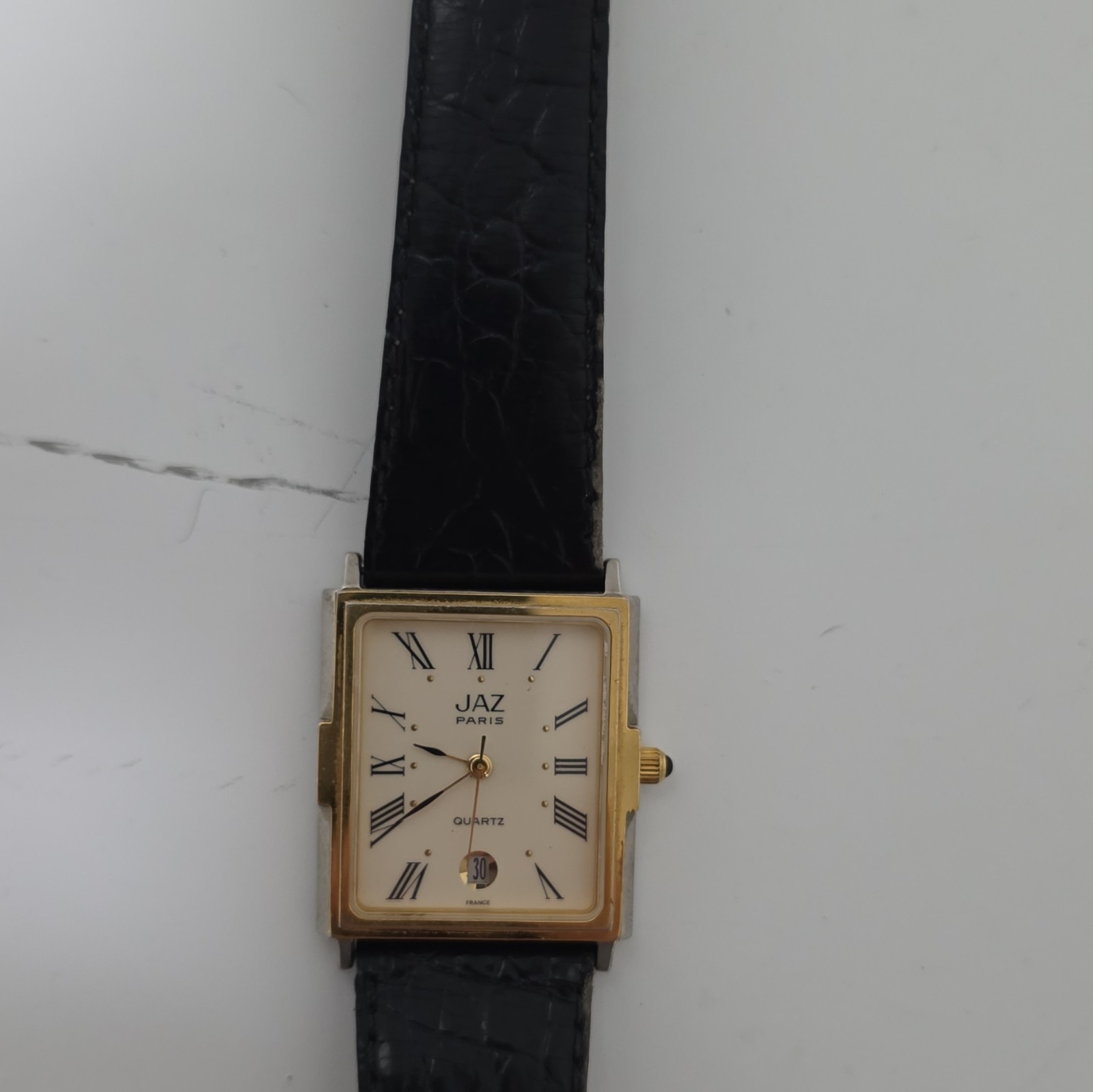 JAZ Paris Quartz Rectangle Watch White Roman Dial Date Gold Tone Black Leather