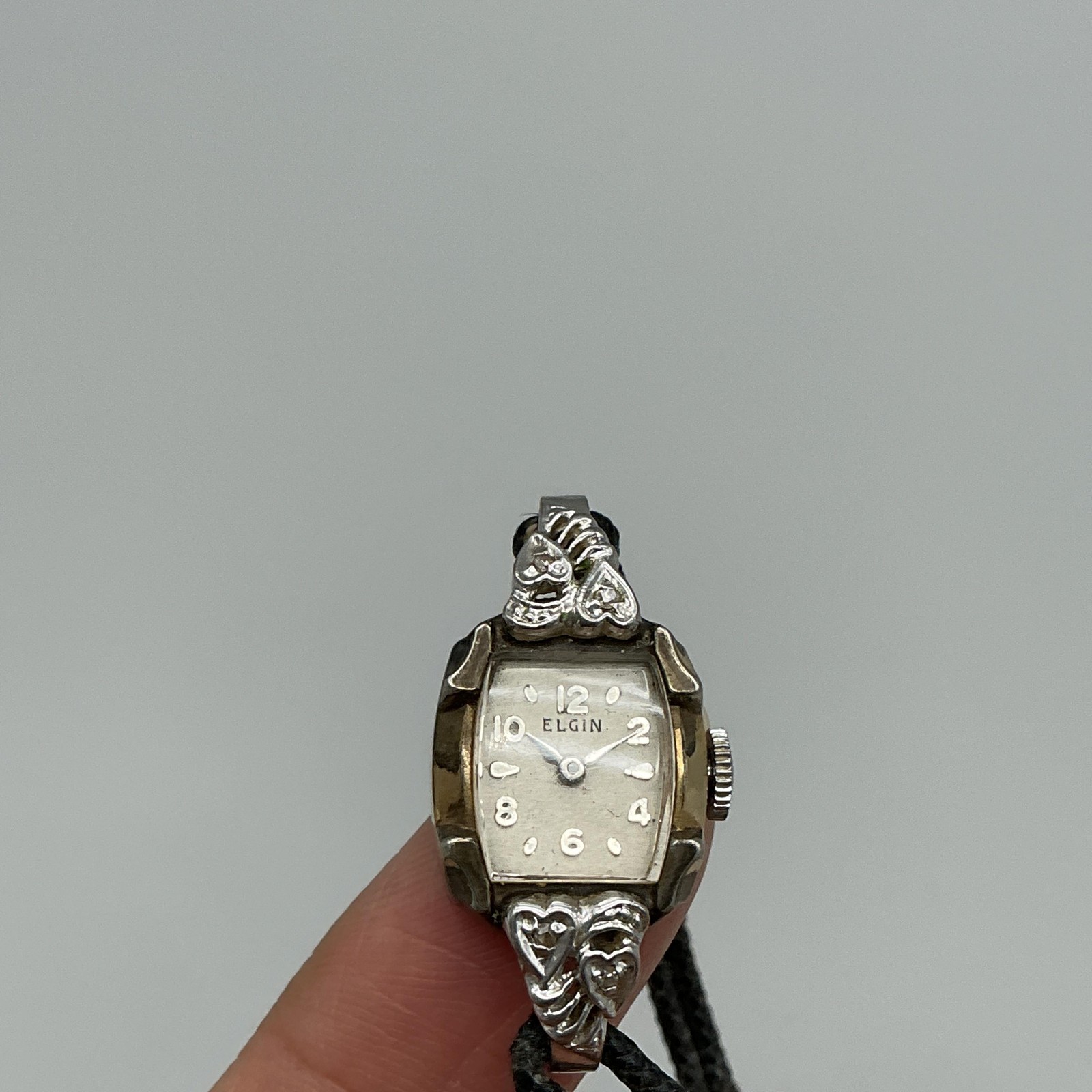 Vintage Elgin Womens Watch 14mm 10K RGP 1957 Diamond Black Cord Manual 5.75″