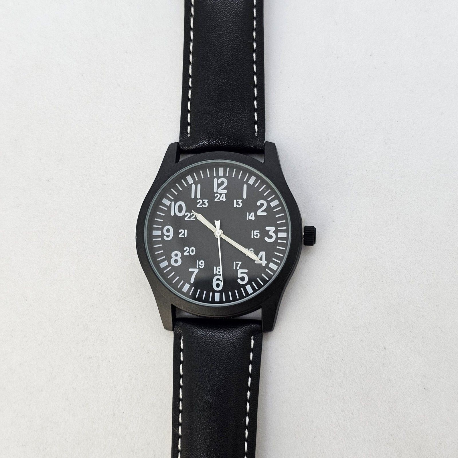 Men’s Field Watch 42MM Large Case Black Dial Black White Leather Band Straps