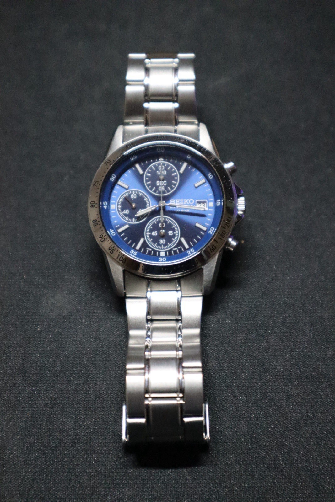 Seiko Chronograph Quartz 100m Date Tachymeter Blue Dial Steel Bracelet Box