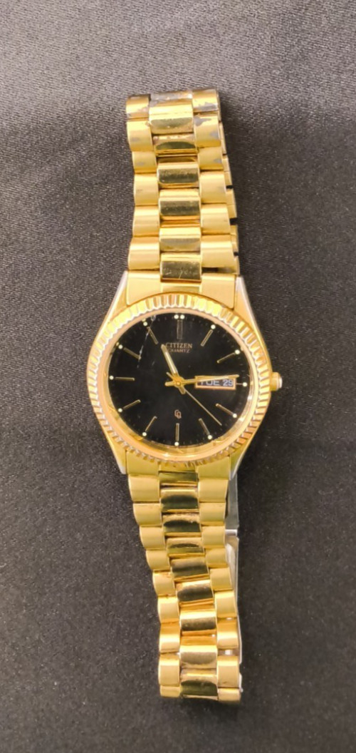 Vintage Citizen Presidential Watch Gold Tone Round Black Face Date #W5144