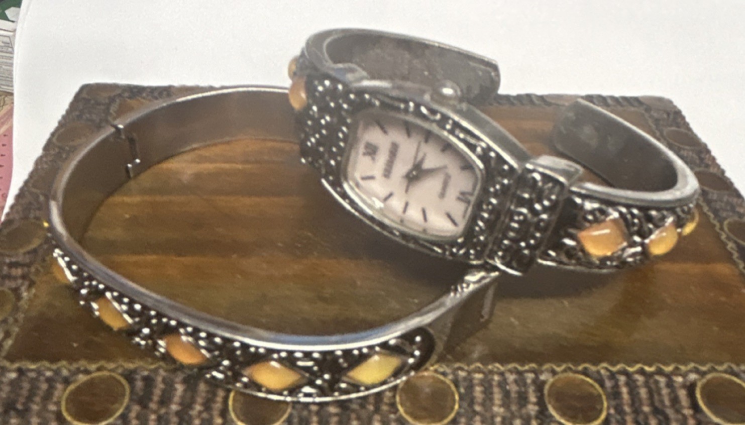 Vintage Women’s Silver Tone Bangle Quartz Analog Rectangle Watch Orange Accents