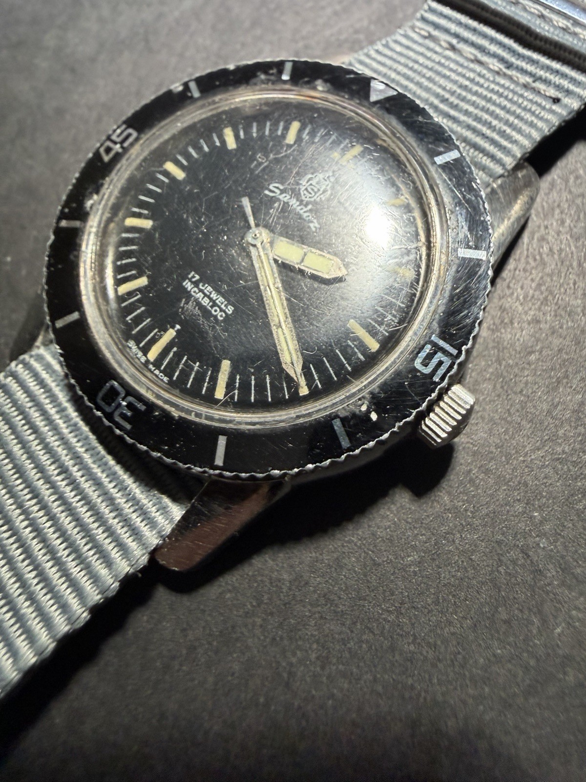 60’s Henry Sandoz &Fils Submariner Bathyscaphe MK1 Black for Military Use Rare.