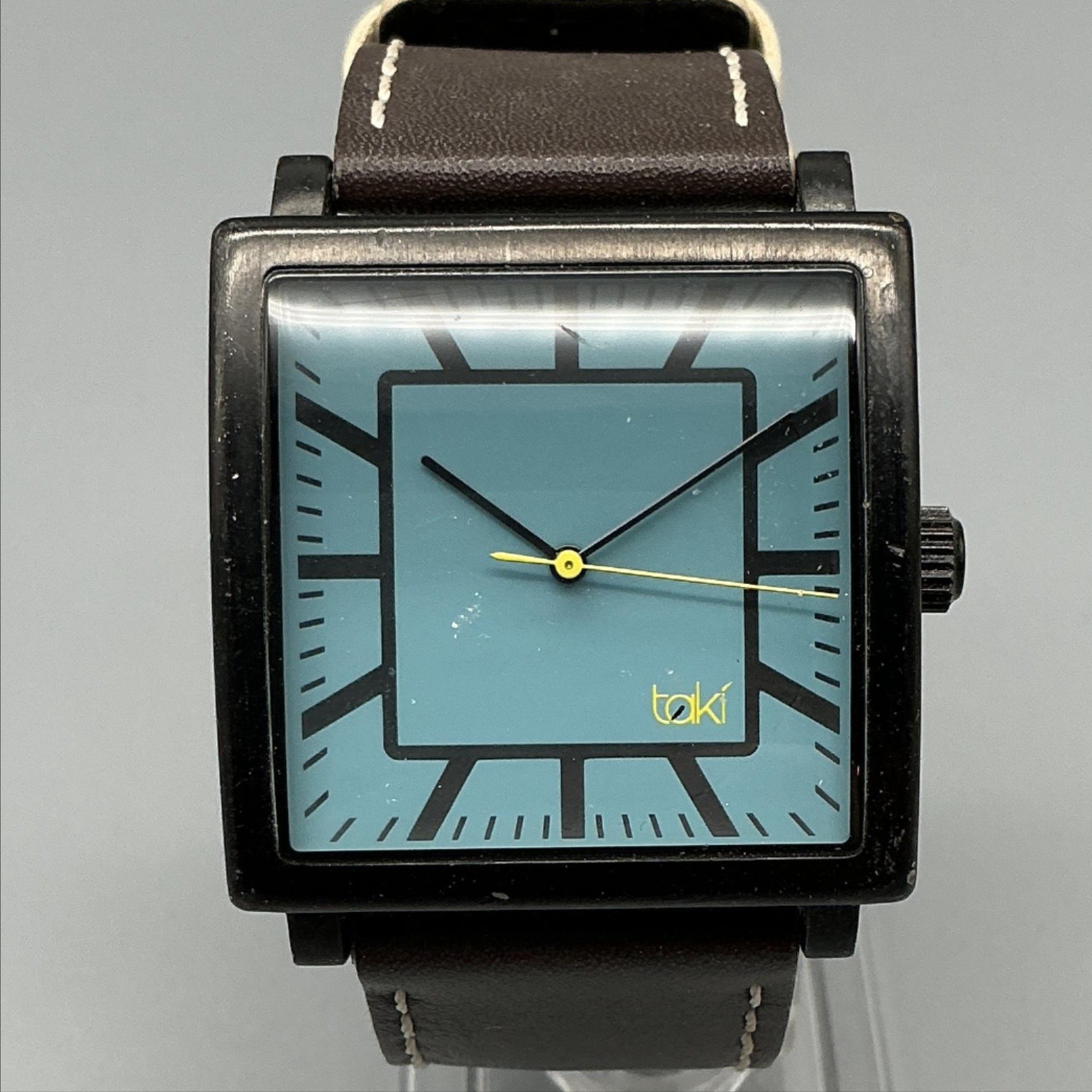 Taki Mens Watch 35mm Blue Dial Black Case Brown Leather Band New Battery