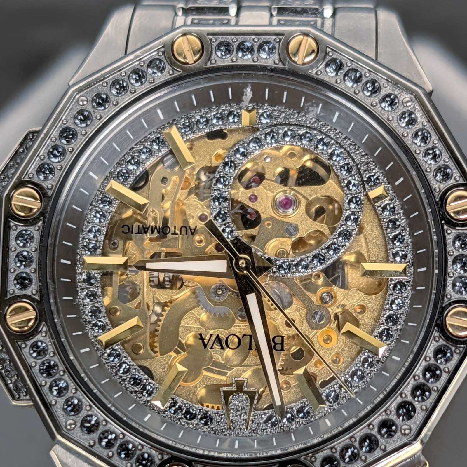 Bulova Octava 98A293 Men’s Automatic Skeleton Crystal Collection Gray Watch