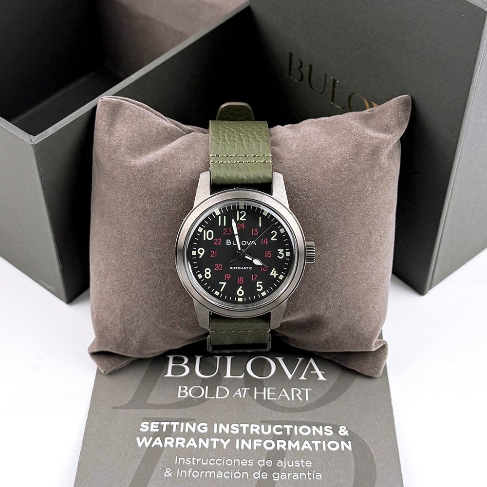 Bulova Men’s Hack Automatic Black Dial Green Leather Strap Watch 98A255