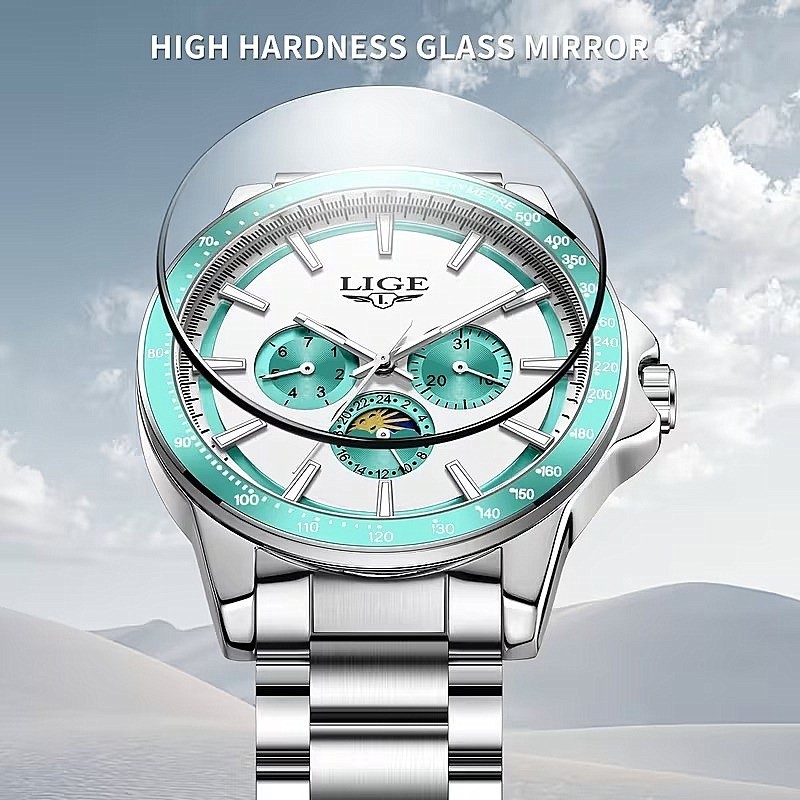 LIGE Men’s Silver Aqua Quartz Watch Stainless Steel Date Day Subdial