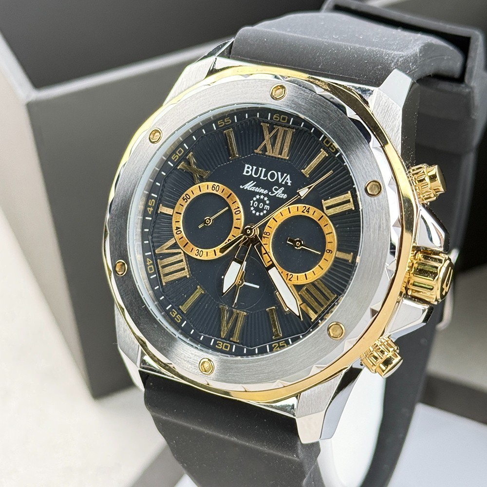 Bulova Men’s Marine Star Black Dial Silicone Strap Quartz Watch 98B277