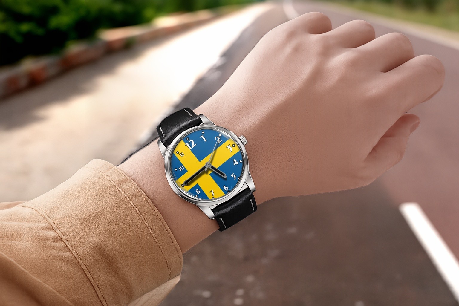 Flag Of Sweden Collectable Leather Strap Big Dial Gift Wrist Watch