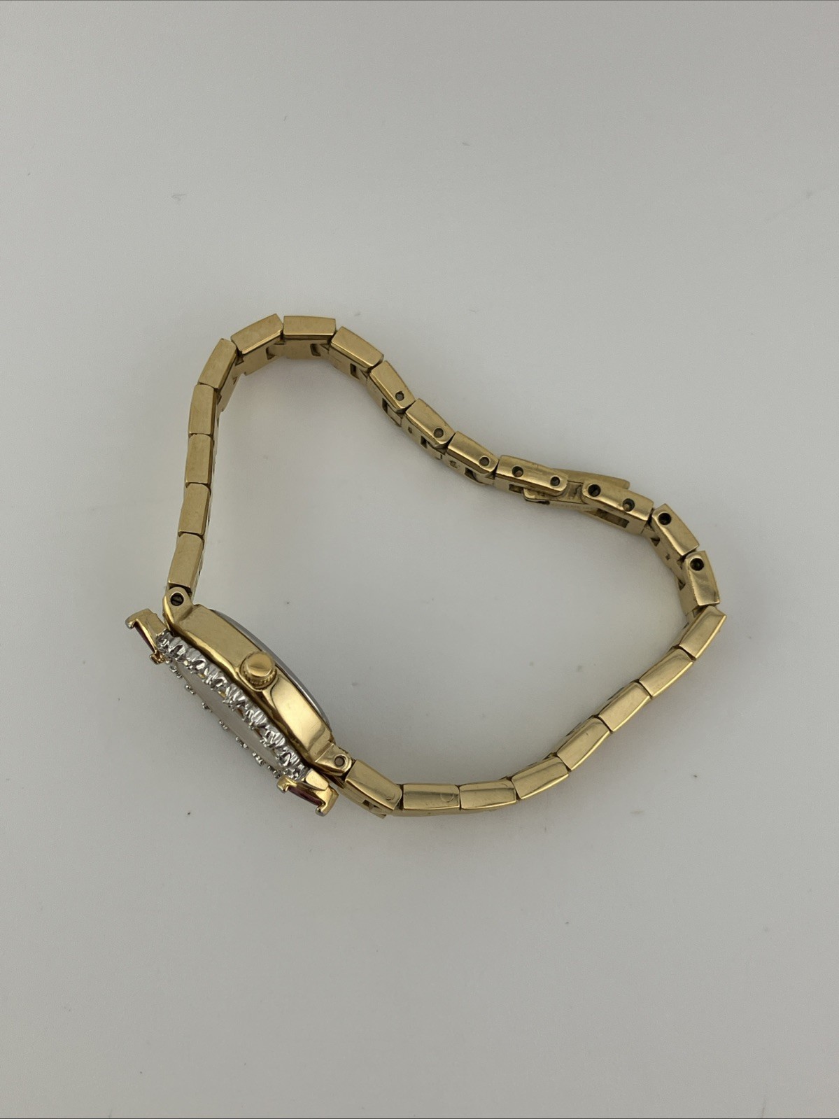 Vtg Austin Lades 17mm Watch Gold Tone Diamond & Ruby Bezel MOP Dial 5.75″ – RUNS