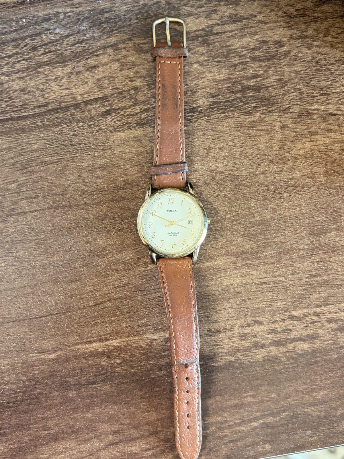 Timex Indiglo Quartz Analog Date Watch Gold Tone Brown Leather Strap WR30m
