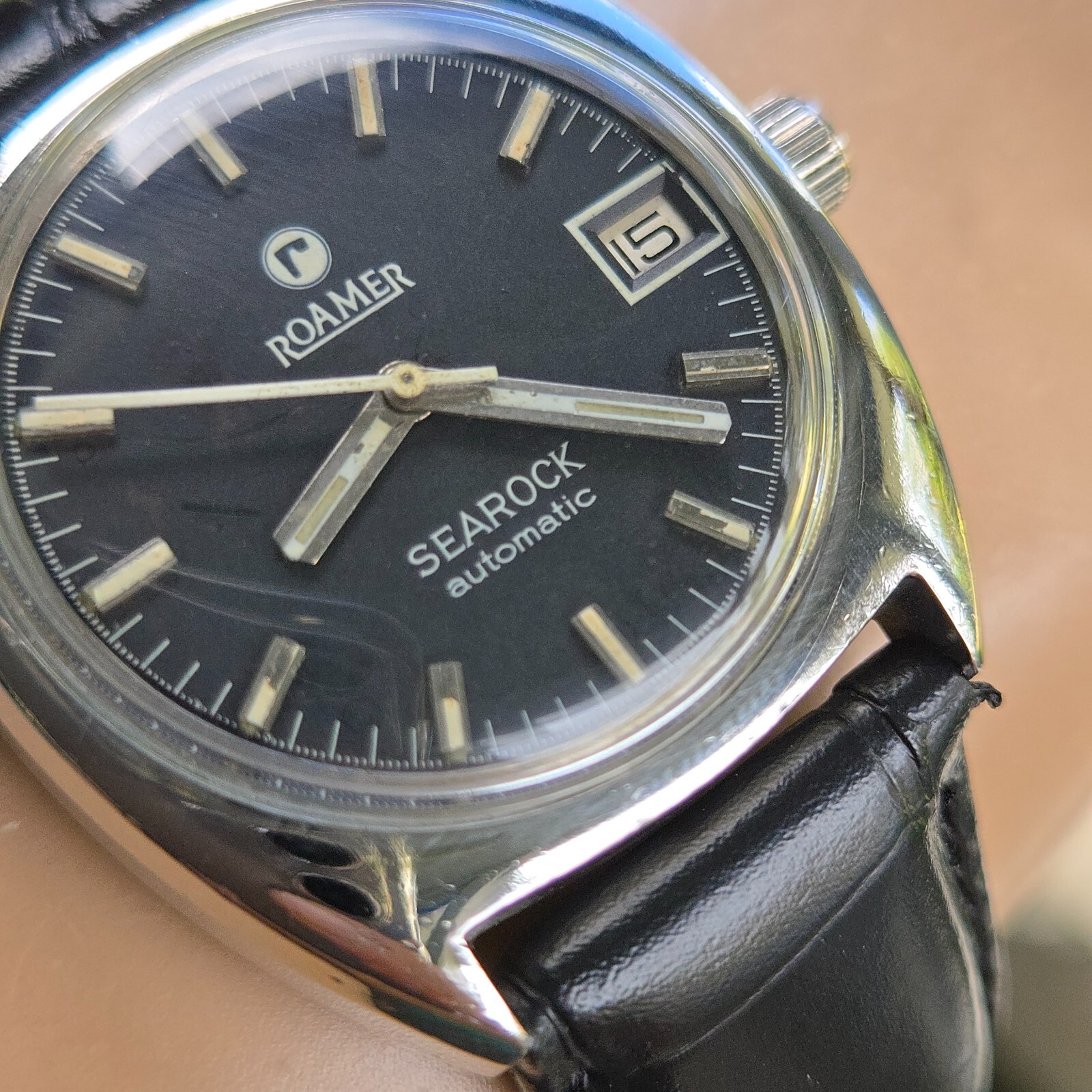 Vintage ROAMER SEAROCK men’s automatic watch MAT 471 28Jewels black dial 1960s