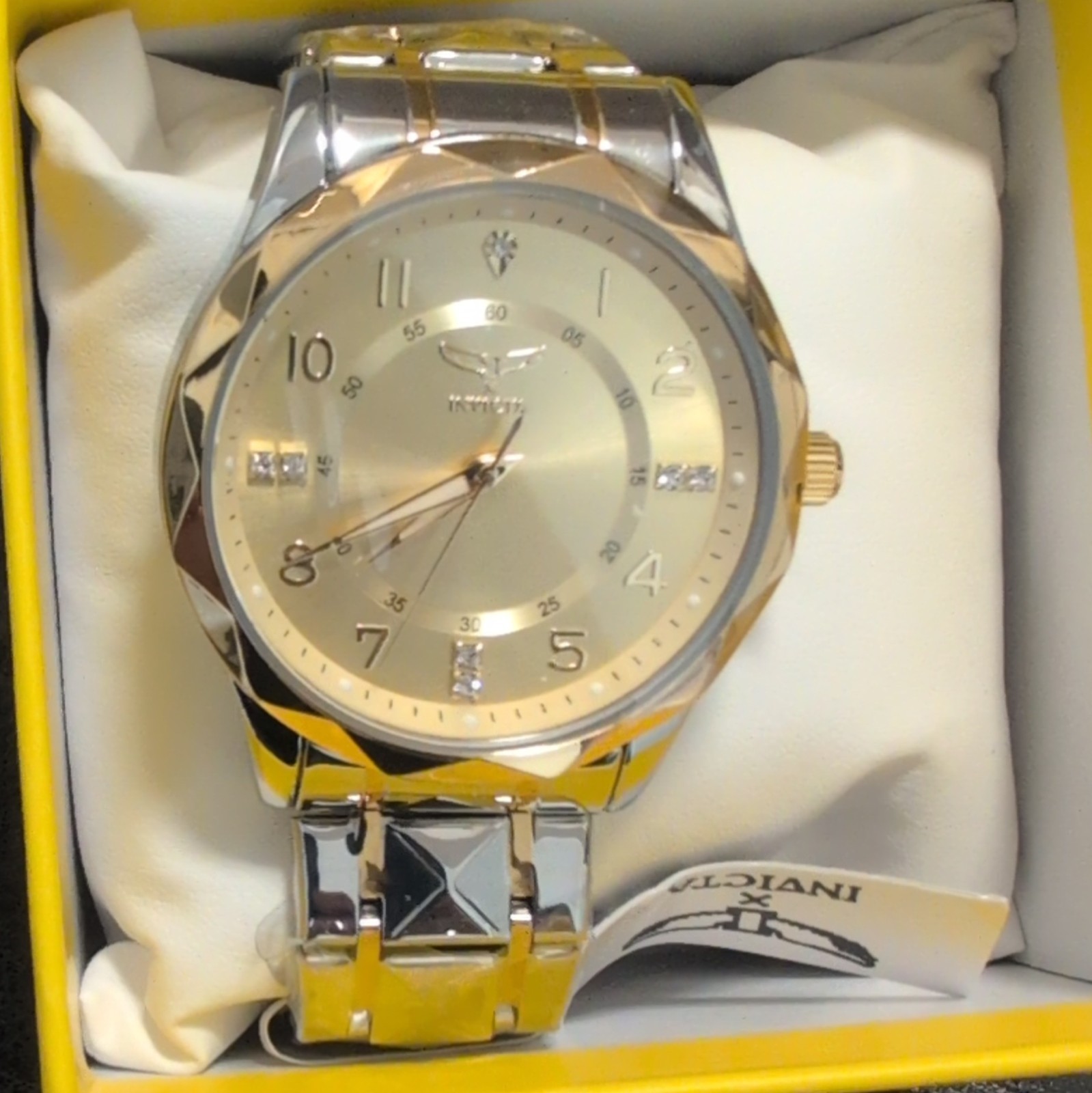 Invicta Quartz Analog Dress Watch Two-Tone Stainless Bracelet Gold Dial w/ Box
