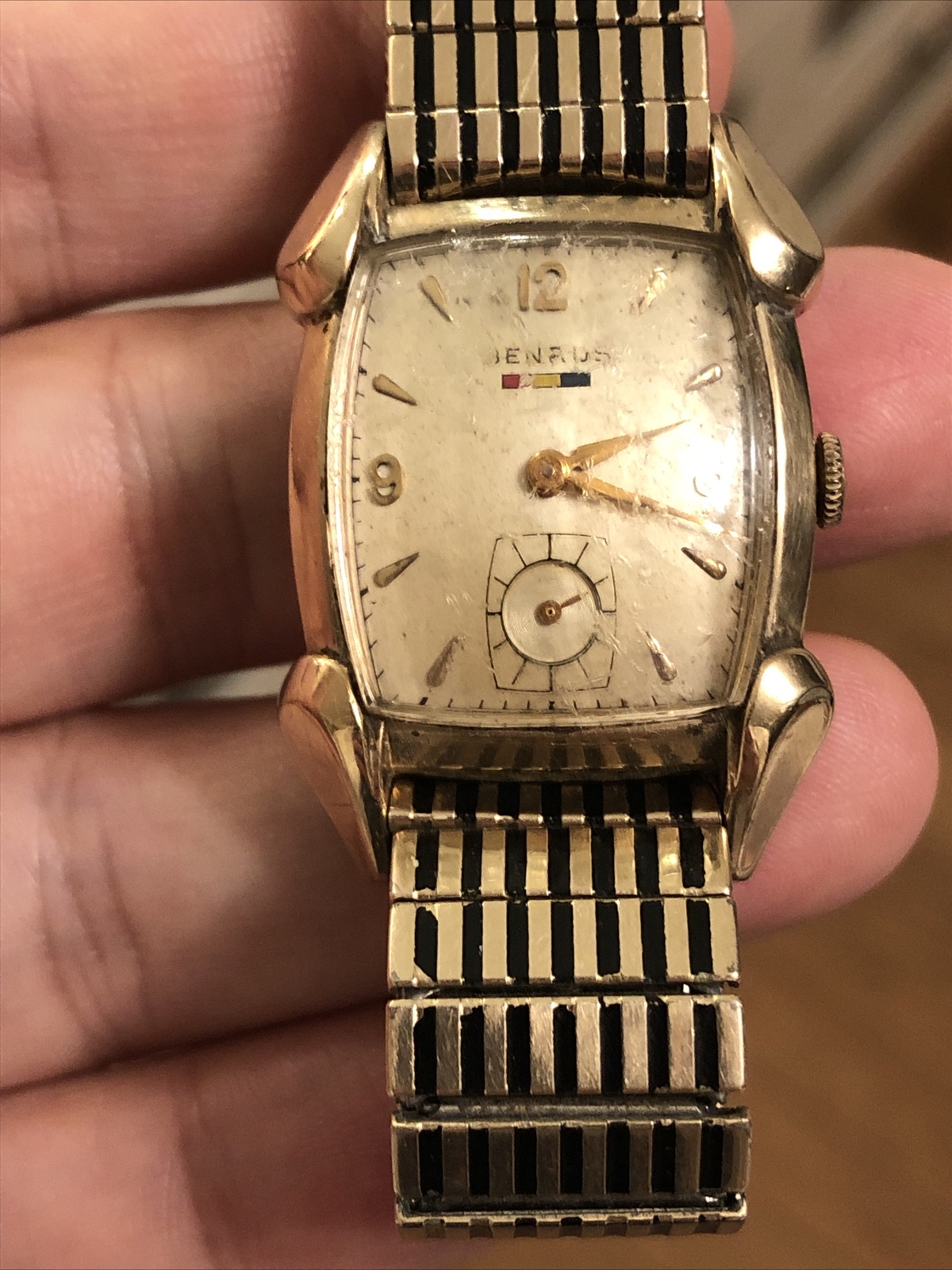 10K Gold Filled Benrus Tank style Vintage watch sub second Fancy lugs