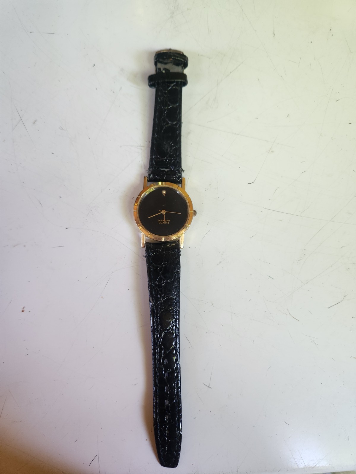 Diamond Quartz Diamond Accent Quartz Analog Watch Black Dial Gold Case Leather