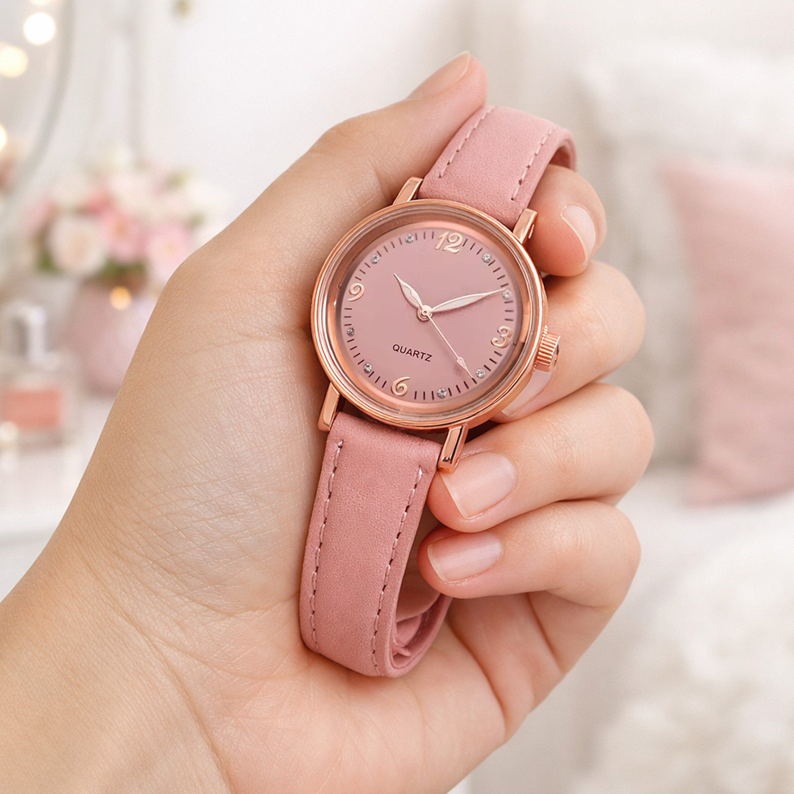 Rose Gold Womens Watch Guava Pink PU Leather Strap Rhinestone Dial Analog Quartz