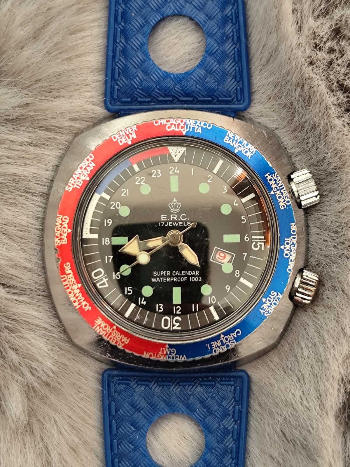 Vintage Watch E.R.C. Super Waterproof 100% Diver Inner Rotating Bezel