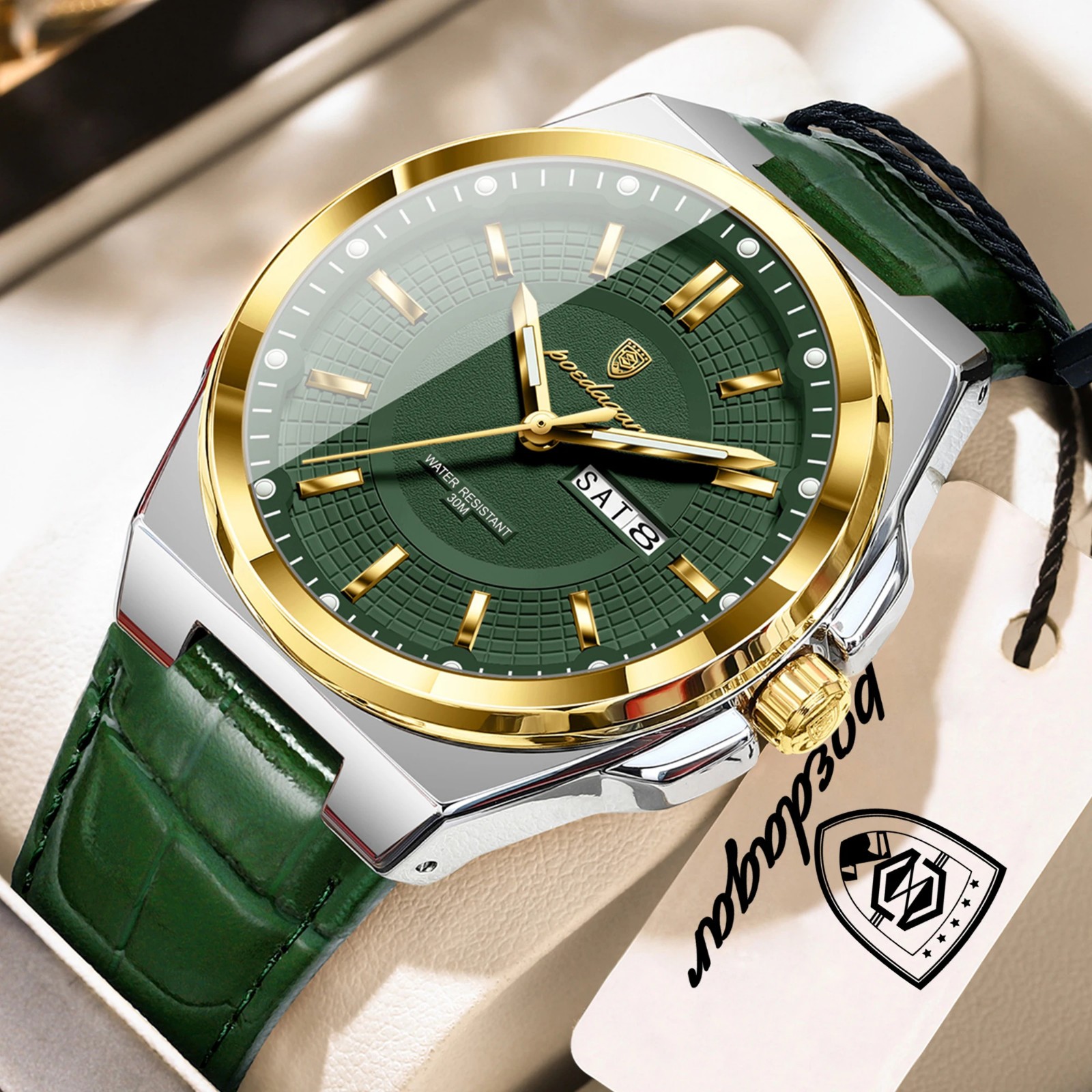 POEDAGAR Men’s Watch Waterproof Luminous Date Week Quartz Leather Business Watch