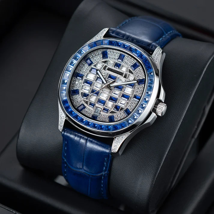 Luxury Automatic Watch Men Miyota 8215 Baguette Stone Leather Rubber Strap