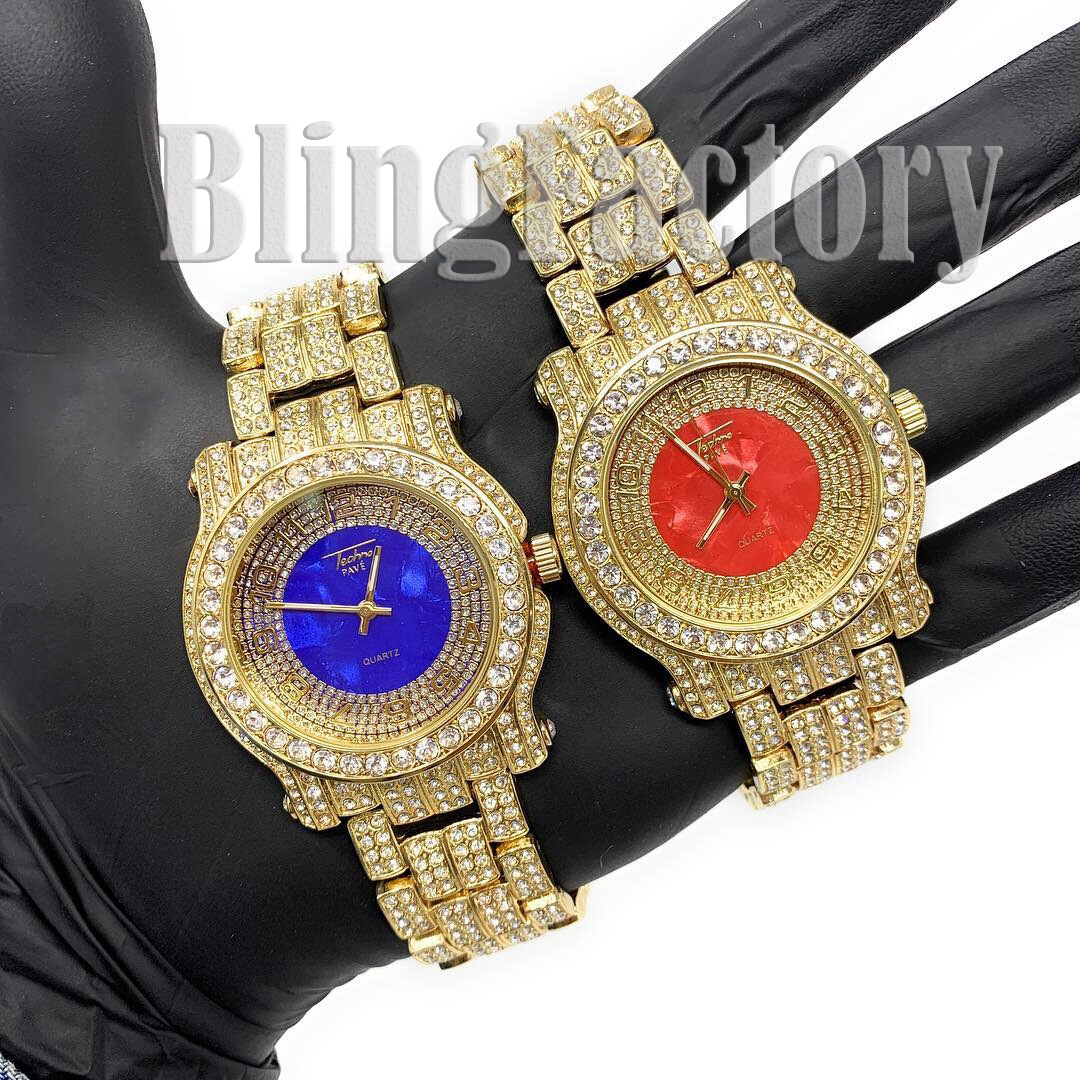Men’s Iced Celebrity Luxury RED BLUE Lab Diamond Metal Band Bracelet Bling Watch