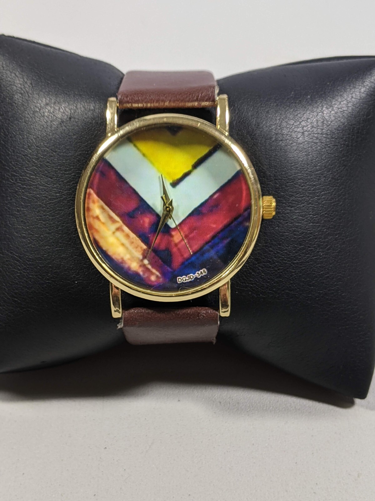 Yellow White Red Blue Dial Gold Tone Round Case 37 mm Brown Faux Leather Watch