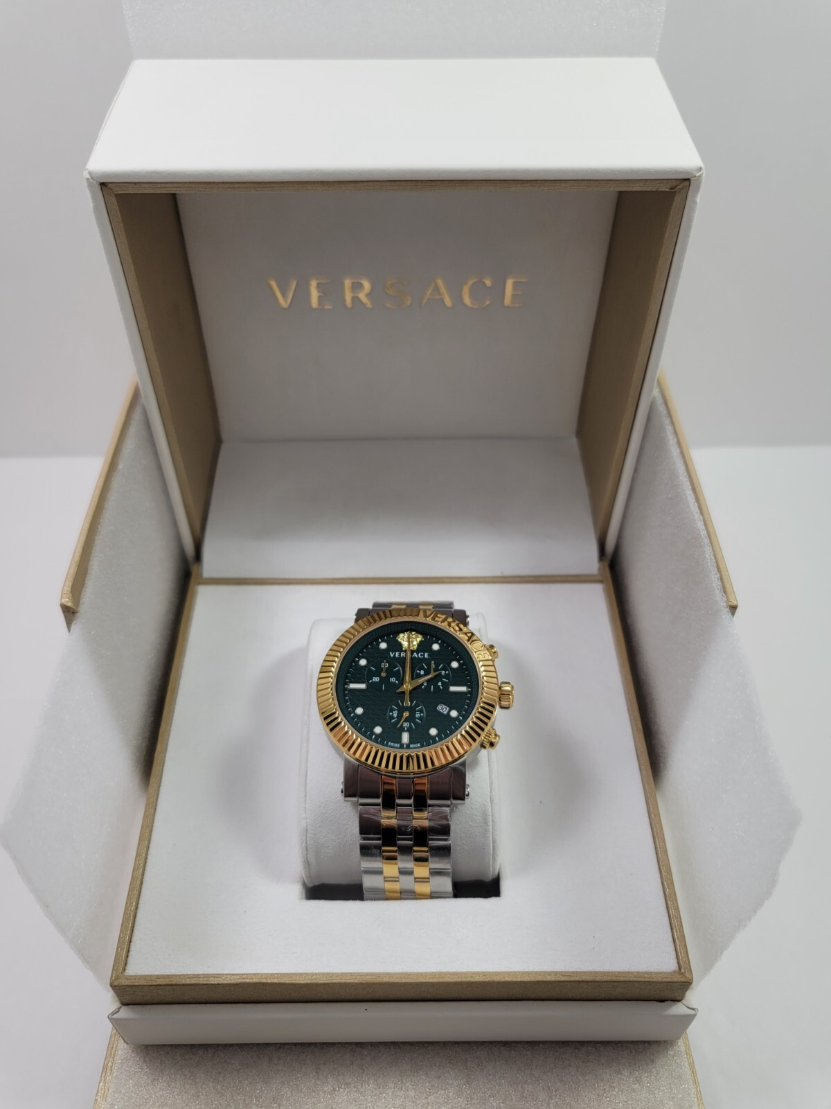 Versace V-Chrono Quartz Green Dial Two Tone Stainless Steel Mens Watch VESQ00722