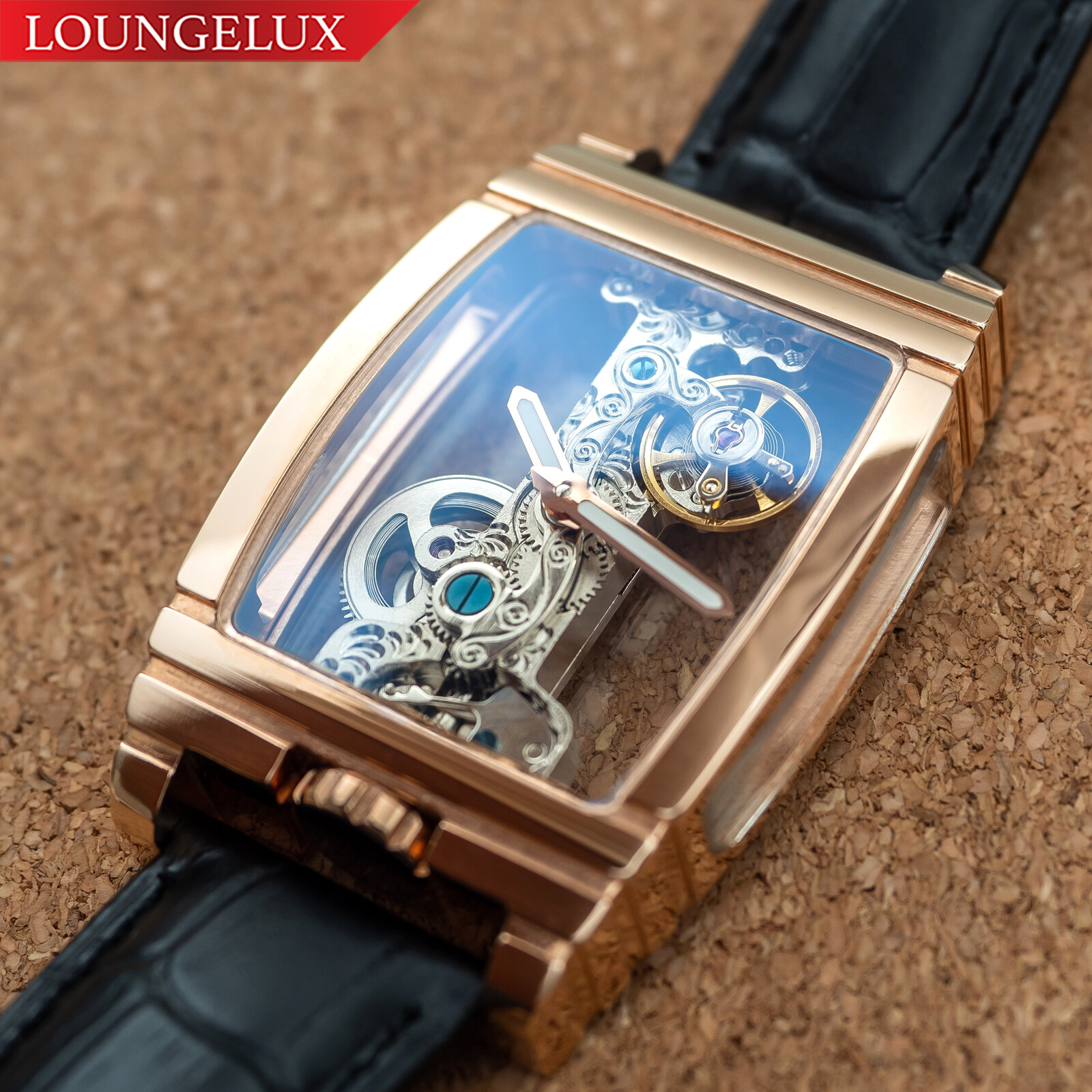 Mens Bridge Manual Mechanical Watch – Rose Gold Black Leather Diasteria 1688