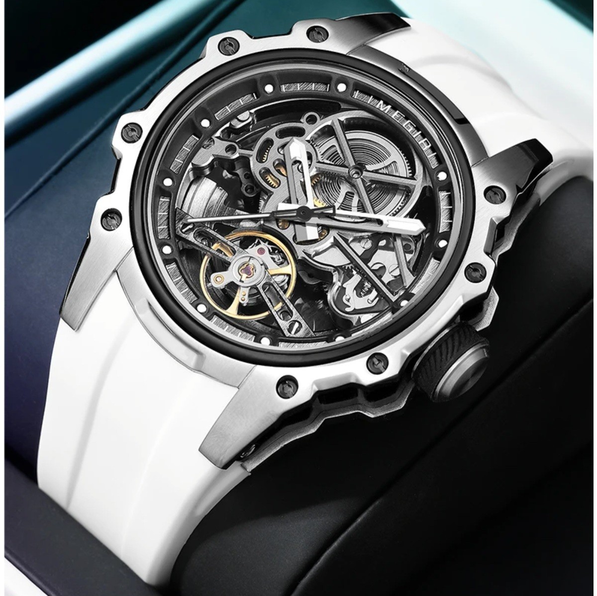 Men’s Skeleton Automatic Sport Watch White Rubber Strap Tourbillon…