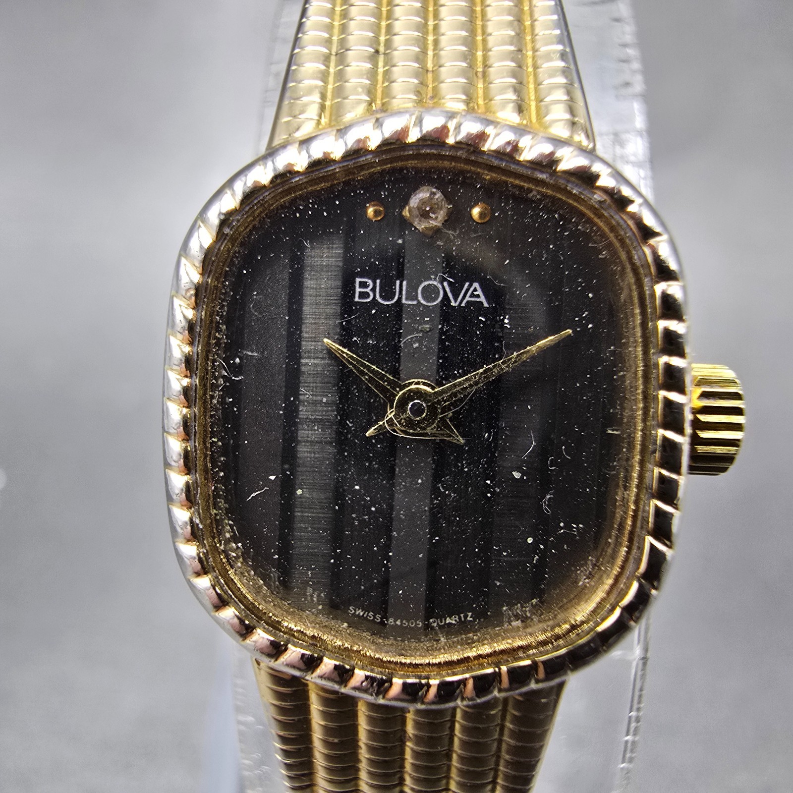 Bulova Watch Women 16mm Black Dial Gold Tone Oval 84505 New Battery Vintage