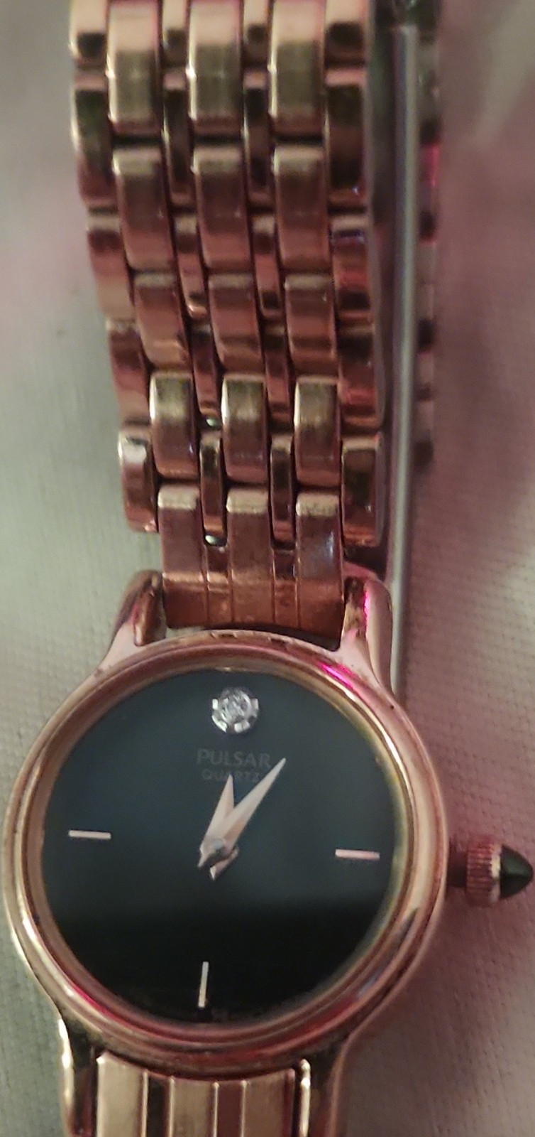 pulsar quartz gold tone black dial baton indexes bracelet women’s wristwatch