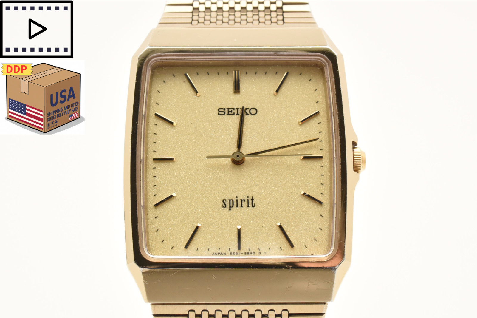 Vintage 1991 [NEAR MINT] SEIKO Spirit 5E31-5A60 Square Gold Quartz Men’s Watch