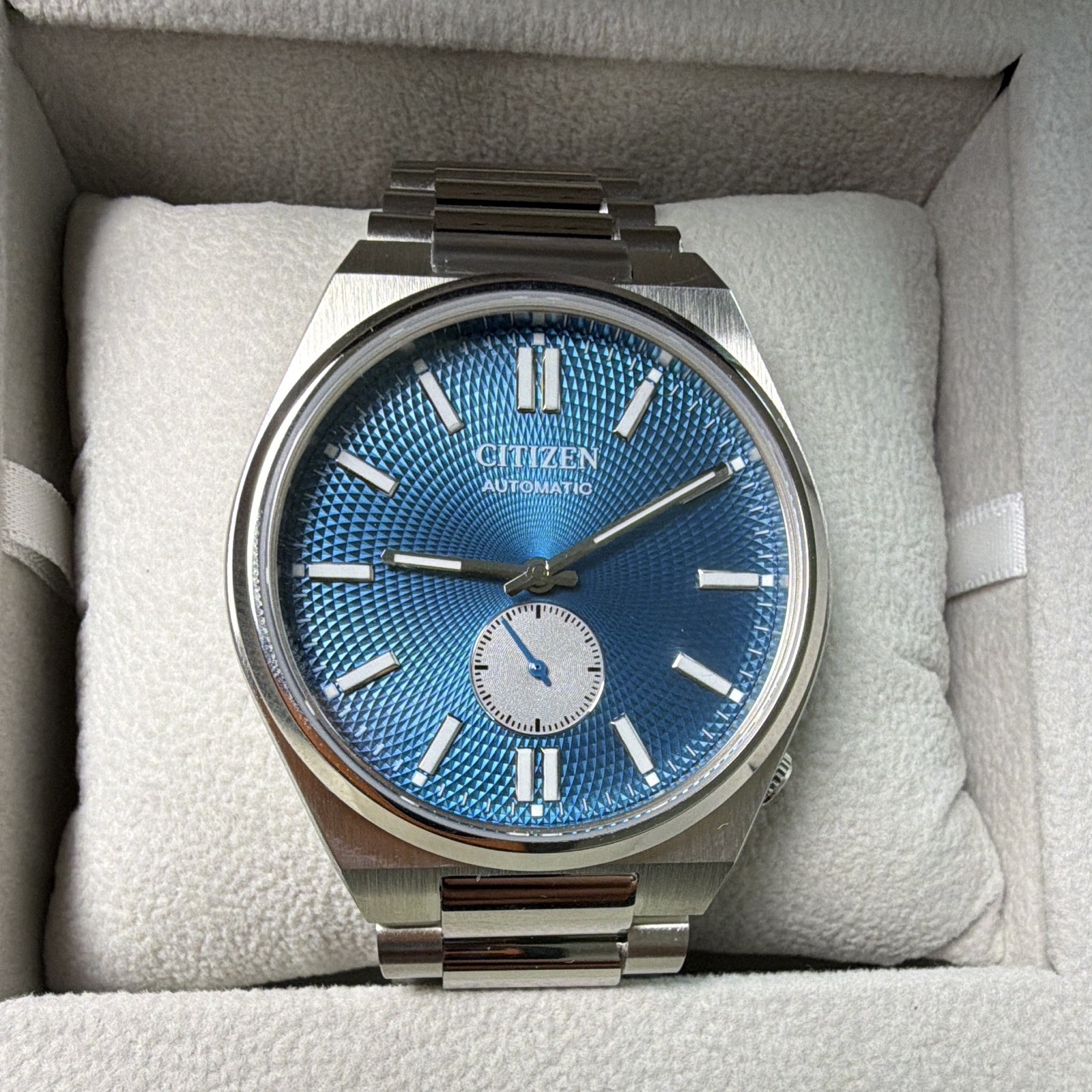 Citizen Automatic Blue Textured Dial 40mm Steel Bracelet 50m Small Sec w/ Box