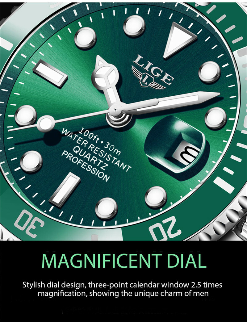 LIGE Mens Watch Fashion Brand Luminous Steel Wristwatch Business Male Watches