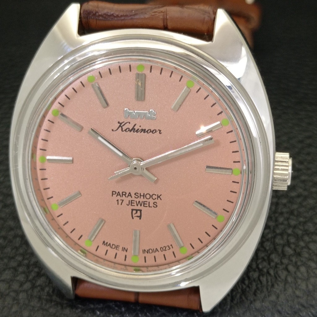 HAND-WINDING VINTAGE HMT KOHINOOR INDIAN MENS PINK COLOR DIAL WATCH a440994-1