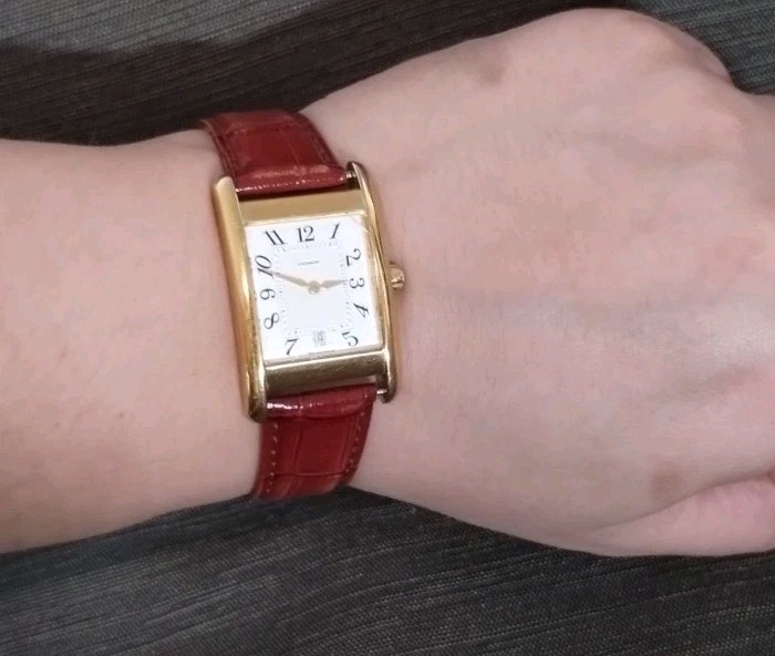 Coach Tank Style Quartz Watch W503B Date Window Brown Crocodile Embossed Leather