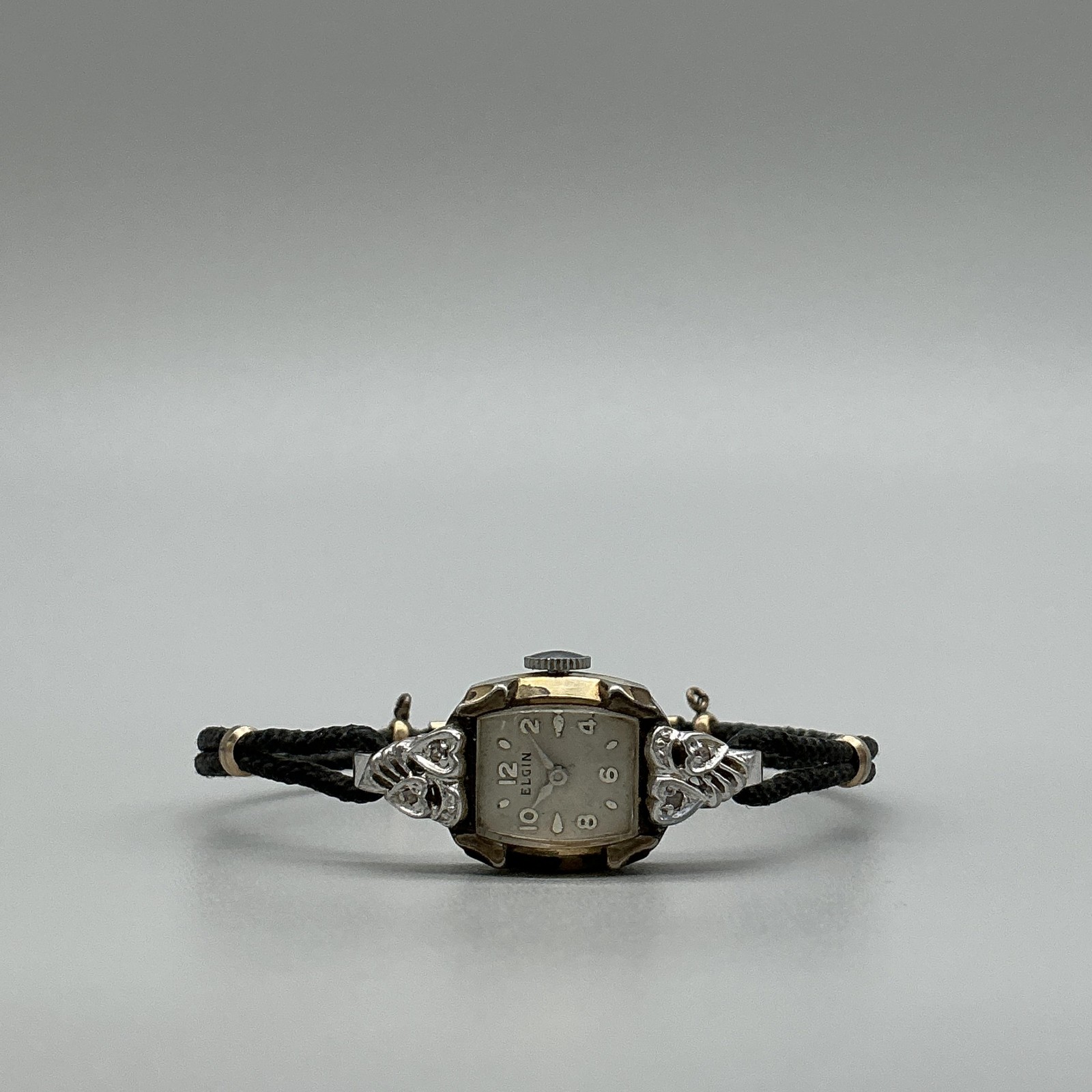 Vintage Elgin Womens Watch 14mm 10K RGP 1957 Diamond Black Cord Manual 5.75″