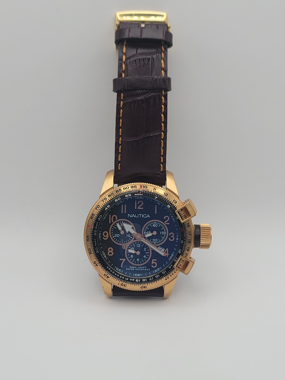 ​Nautica Flight Chronograph A31502 – Swiss Movt, 200m, Slide Rule Bezel, Leather