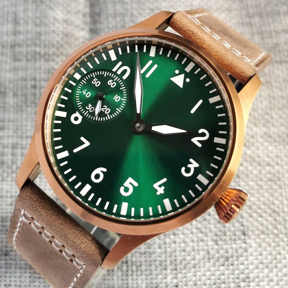 Bronzed PVD Mechanical Hand WInding Men Watch Sunburst Blue Green Dial Luminous