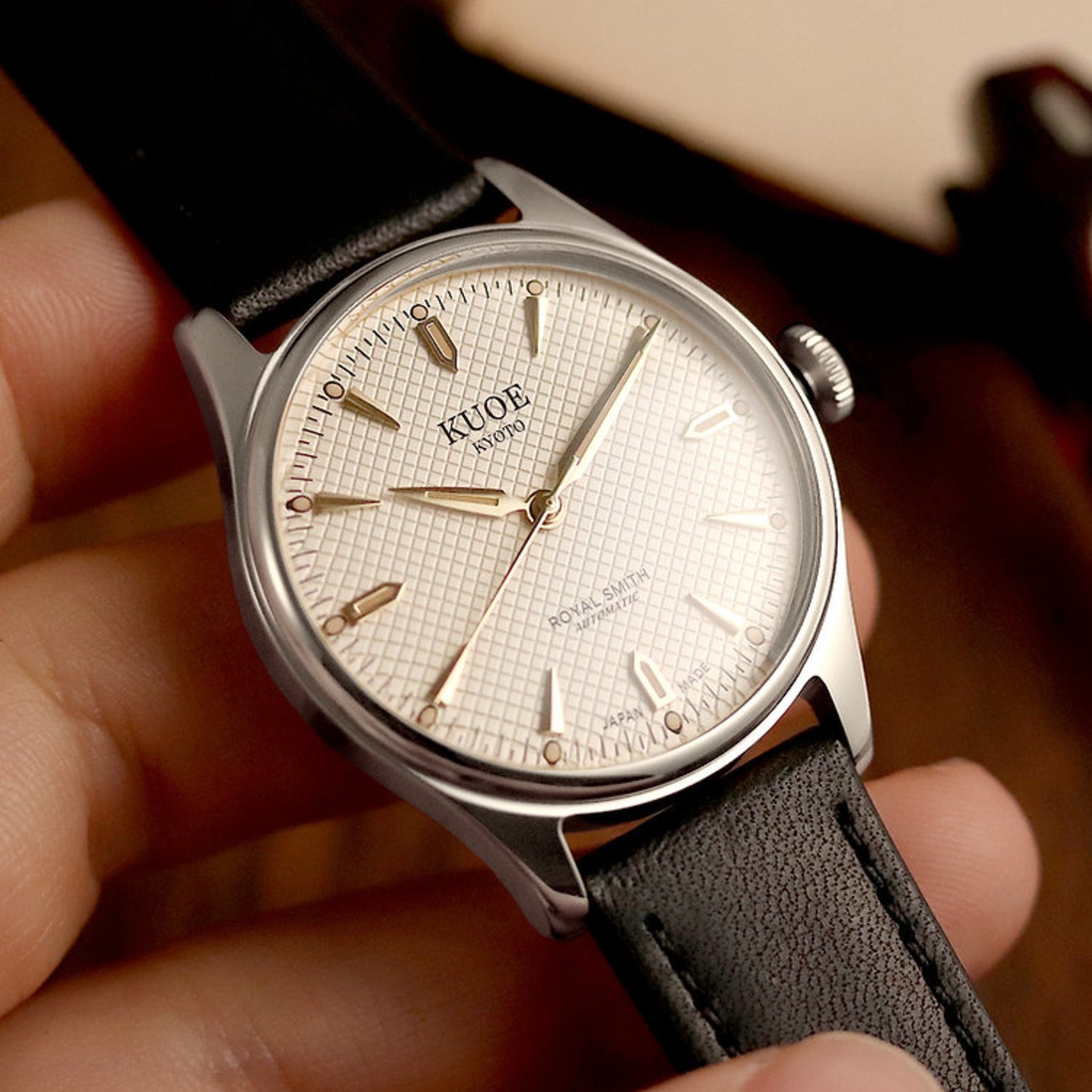 Kuoe Royal Smith 90-006 Automatic Silver Watch Men Ivory Waffle Dial Black Strap